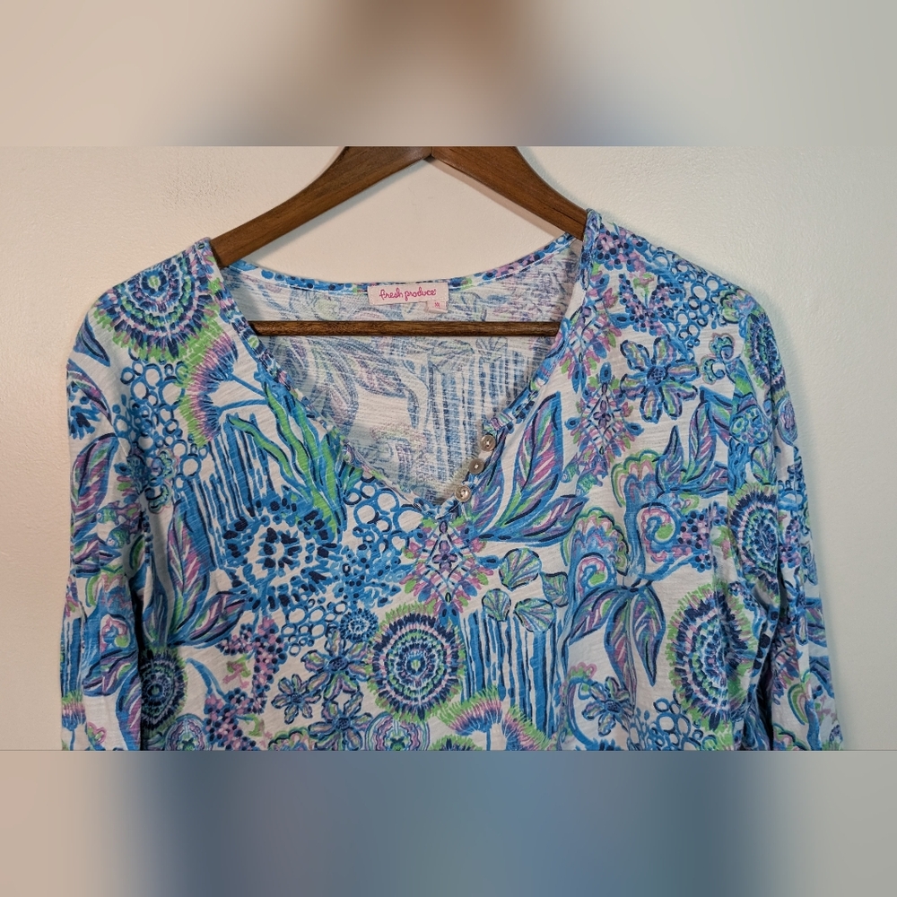 Fresh Produce Blue Tropic Gardens Print Supima Cotton Long Sleeve Tee Shirt - Picture 2 of 7